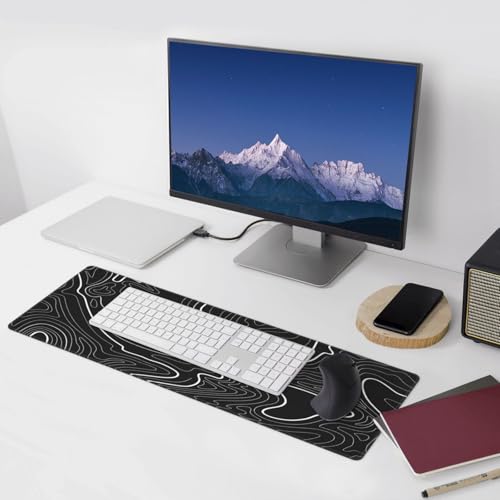 Black Topographic Contour Extended Big Mouse Pad Large,Gaming Mouse Pad Desk Pad,31.5x11.8x0.12 Inch Long Computer Keyboard Mouse Mat Mousepad Non-Slip Base and Stitched Edge for Gaming and Office - color: BlackTopographic Contour, size: 31.5Lx11.8W inche