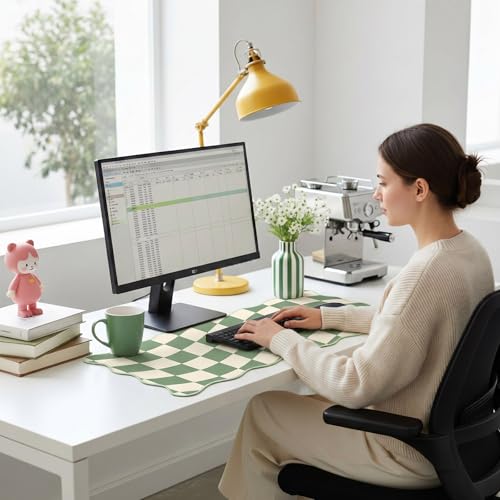 Copkim 1 Pcs Scalloped Green Checkered Desk Mat 31.5 x 11.8 Inch Large Cute Mouse Pad Computer Mat Non Slip Waterproof Rubber Base with Border Stitching Soft Keyboard Pad for Home Office Gaming Makeup - color: Green, style: Checkered
