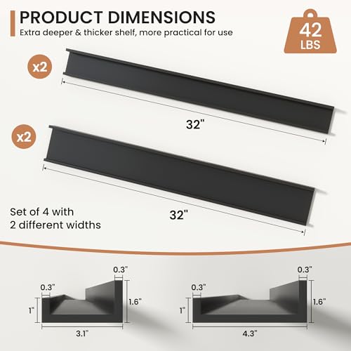 Fun Memories Picture Ledge Shelves Set of 4, 32 Inch Rustic Wall Mounted Floating Shelves with Lip for Home Storage and Décor in Bathroom, Kitchen, Nursery, Bedroom, Living Room, Black - color: Black, size: 32 inch, Set of 4