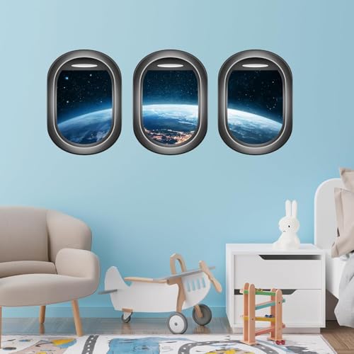 Quanhaigou Glow in The Dark 3D Space Wall Decals, Set of 3 Galaxy Window Stickers for Wall,Planet Themed Room Decor for Kids Boys - color: Window Galaxy Blue