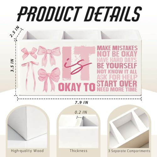 Pink Bow Inspirational Pen Pencil Holder for Desk, Inspirational Gifts for Women, Preppy Girly Motivational Wooden Box Sign Decorations for Girls Bedroom Room Dorm Desk Tabletop - color: 02-Pink Bow Inspirational(white)