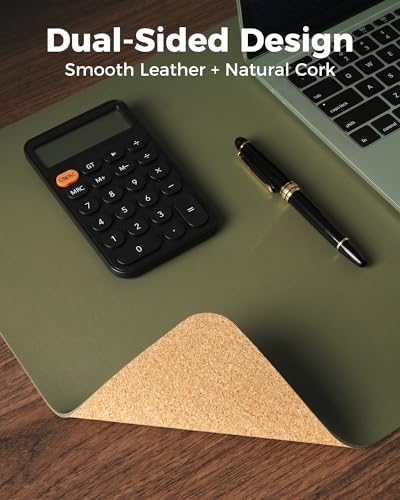 Aothia Dual-Sided Desk Mat - Natural Cork & Leather Desk Protector, Large Mouse Pad & Writing Pad for Office/Home, Olive Green (25.6"x13.7") - color: Olive Green+cork, size: 25.6" x 13.7"