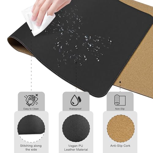 Large Desk Pad 35.4" x 17", Non-Slip Desk Mat with PU Leather & Natural Cork, Waterproof Writing Desk Natural Cork, Computer Mat Desk Protector for Office Home, Black - color: Black, size: 35.4" x 17"