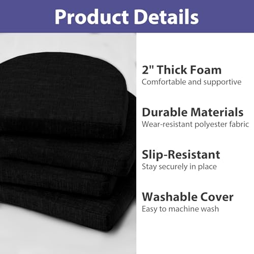 IPYNBAP Chair Cushions for Dining Chairs, Kitchen Chair Cushions, 16'' x 16'' x 2'', Non Slip Indoor Seat Cushions, Chair Pads for Dining Chairs with Ties & Removable Cover, Set of 4, Black - color: Black, size: 4 Count(Pack of 1)