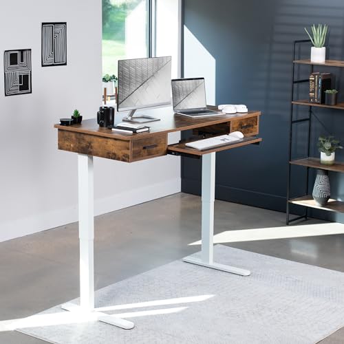 VIVO Electric Height Adjustable 55 x 24 inch Memory Stand Up Desk with Rear-Set Legs, Rustic Vintage Brown Table Top with Built-in Drawers and Keyboard Tray, White Frame, DESK-KIT-RW5MN - color: Vintage Brown Top / White Frame