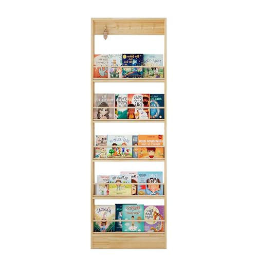 Wooden Wall Mounted Bookshelf, 5 Tier Storage Shelf with Anti Tip Device, Space Saving Organizer with Built in Hooks and Raised Edges for Living Room Bedroom Home Office