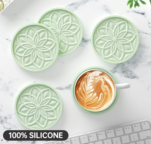 HFHOME Silicone Coasters Set for Drinks - 6 Pack With Holder, Table Cup Mat for Coffee Table, Desk, Bar - Tabletop Protection Gift - Nyanza Green - color: Nyanza Green