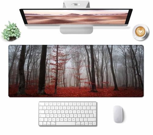 Gaming Mouse Pad Desk Pad,Extended Big Mouse Pad,31.5x11.8 Inch Long Computer Keyboard Mouse Mat Mousepad with Non-Slip Base and Stitched Edge for Gaming and Office Autumn Forest - color: Autumn Forest, size: 31.5L x 11.8W inches
