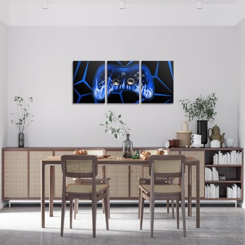 Feelyou Kids Boys Gamer Canvas Wall Art for Living Room 12"x16" 3 Piece Gaming Picture Wall Decor Game Controller Office Wall Decorations Artwork Posters Blue and Black Geometric Square Wall Painting - color: Blue1