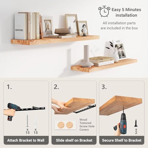 Flat Edge Elm Wood Floating Shelf with Invisible Bracket 24”Natural - color: Natural, size: 24”,set of 2