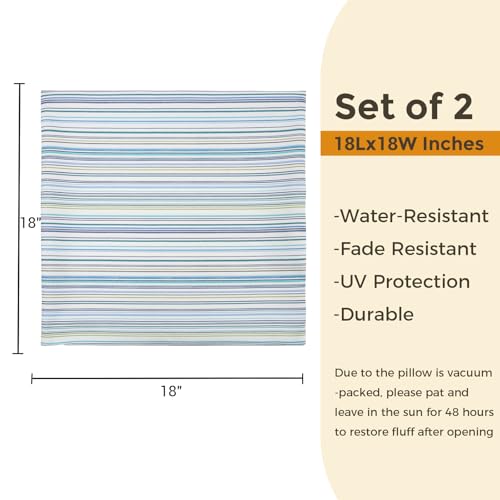 FUNHOME Water Resistant Outdoor Throw Pillow Covers 18x18 inch Set of 2,Zipper Pillows Cover,Home Decorative for Sofa Headrest,Patio Furniture Couch Chair Pillows Cover Only(Blue Stripe) - color: Blue Stripe (Cover Only), size: 18" x 18" (Pack of 2)