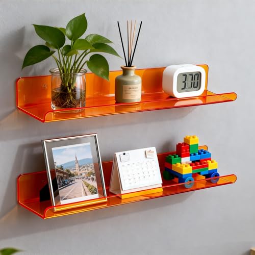 ROYALITA Small Acrylic Shelves Wall Mounted | Set of 2 | 17 Inches | Wall Hanging Plant Display Shelves, Room Decor Floating Wall Shelves for Gaming Room Bedroom, Living Room, Office, Orange - color: Orange, size: 17 Inch