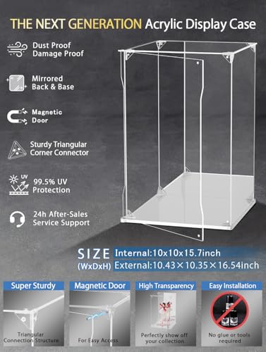Clear Acrylic Display Case with Mirrored Back and Base, UV Protected Acrylic Box with Magnetic Door, Dustproof Display Box Showcase for Collectibles, Figures, Models, Toys (10x10x15.7inch) - size: 10x10x15.7 inch