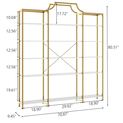 Auromie Triple Wide 5-Tier Bookshelf, 70.87" L x 79.13" H Extra Large Gold Bookcase, Tall Display Shelf with Metal Frame, Freestanding Etagere Storage Display Shelf for Home Office, White Gold - color: Gold&white