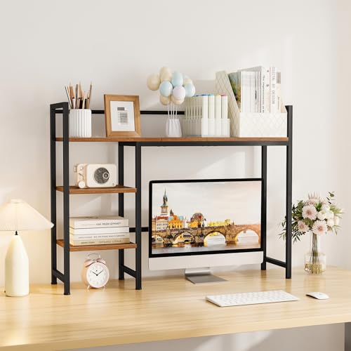 Snughome Desk Shelf, 38.6" Desktop Organizer Shelf, Desk Hutch for Computer Monitor, 4 Tier Desk Display Rack, Wood Desktop Bookshelf Storage Rack for Home Office Dorm, Rustic Brown | Desktop Organizer Shelf - color: Rustic Brown, size: 38.6"