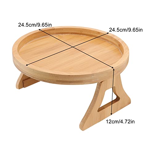 Tissting Wood Round Sofa Tray 9.65in x 4.72in - Clip on Side Table with Foldable Leg for Coffee, Tea, Snacks, Remote Controls, Living Room, Apartment, Dorm