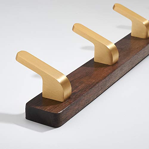 Wall Mounted Coat Rack, Entryway Hanging Coat Rack, Metal Wood Coat Rail with 4 Rustic Hooks Rail for Coat, Scarf, Bag, Towel, Key, Cap, Hat, Walnut Gold Matt - size: 4 Hooks - Curve Shape