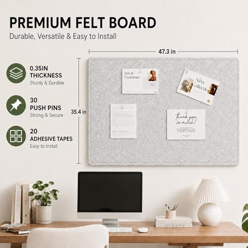 Felt Bulletin Board for Wall 48" x 36" Unfolded Size, Large Frameless Felt Pin Board, Soft Cork Board Alternative for Office, Home Planning, Notes, Photos & Wall Decor, Foldable Shipping, Easy Install - color: Light Grey, size: 48" x 36"