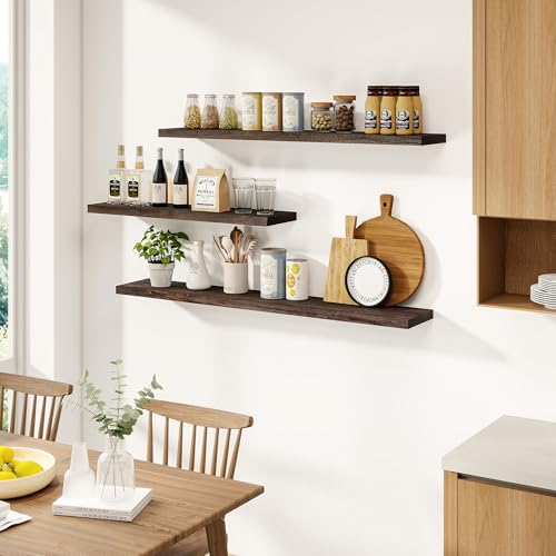 Flat Edge Elm Wood Floating Shelf with Invisible Bracket 36”American Walnut - color: American Walnut, size: 36”,set of 2