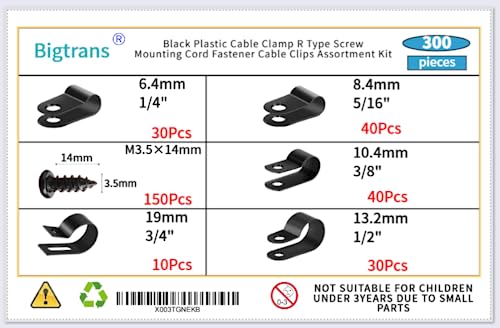 Bigtrans 300 Pcs Nylon Plastic R-Type Wire Clips with Screws 1/4" 5/16" 3/8" 1/2" 3/4" Clamps Fasteners Assortment for Cable Conduit -5 Size -Black - color: Black, size: 300 Pack Clips with Screws