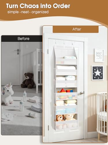 Criusia Over the Door Organizer, Heavy-Duty 6-Shelf Hanging Storage with 13 Mesh Pockets, 55lbs Capacity Behind the Door Storage for Nursery, Bathroom, Bedroom, and Dorm, White - color: White, size: 1 PACK