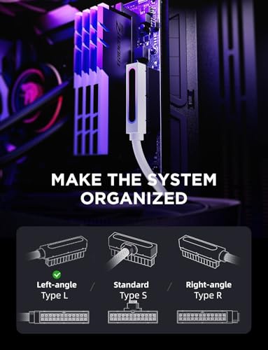 AsiaHorse Hydrus-24PIN PC PSU Extension Cable ARGB LED, Copper Wire Motherboard Power Extension Cable Integrated Design, 2000W Power (Whole Set), PC Power Cord for Cable Management-Left Out - color: White, size: For MB 24pin-TYPE L(11.8in/30cm)
