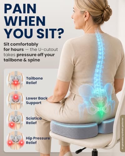 5 STARS UNITED Seat Cushion - Memory Foam Chair Cushion for Tailbone Pain Relief - Ergonomic Support for Coccyx, Sciatica & Butt - Office, Desk & Gaming Chair, Car Seat, Wheelchair, Airplane, L Gray - color: Light Gray Mesh, size: Large