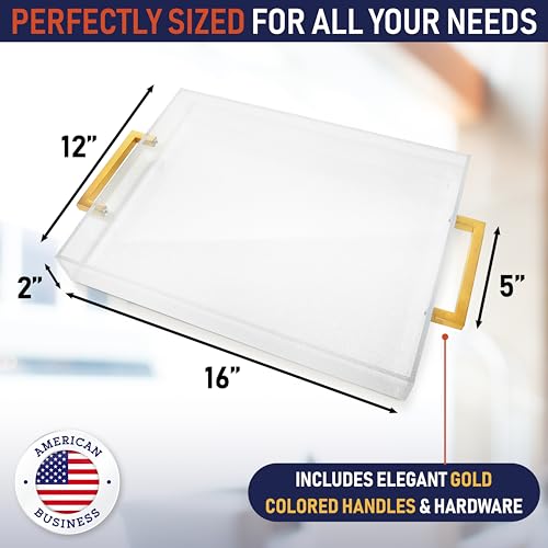 Acrylic Serving Tray with Gold Handles, 16" x 12" Decorative Tray for Coffee Table, Spill-Proof Food and Drink Server. Multipurpose for Ottoman, Kitchen, Vanity, Countertop, Party Use (Clear Glitter) - color: Clear Glitter