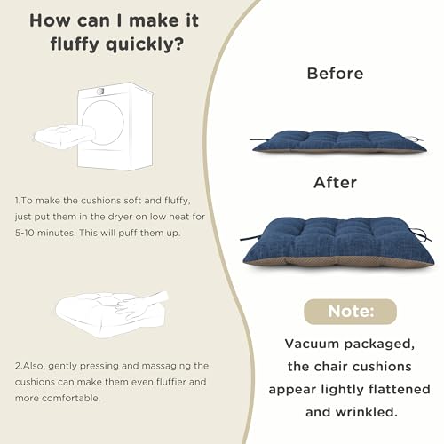 AddGrace Non-Slip Rocking Chair Cushion Extra Large Linen Thick Chair Pads Durable High Back Seat Cushions with Ties Set of 2 Navy - color: Navy