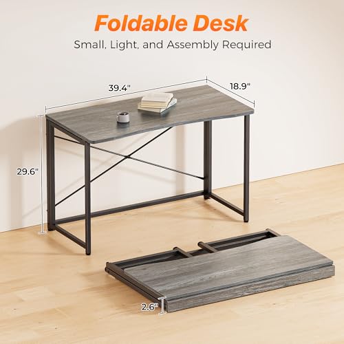 Huuger Folding Desk for Small Spaces, 39.3 Inch Foldable Computer Table, for Home Office, Study, Bedroom, Dorm, Space Saving, Small Writing Work Office Computer Desk, Easy to Fold, Grey - color: Grey, size: 18.9"D x 39.4"W