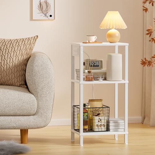 Creso hom Tall End Table with Charging Station and USB Ports, 3 Tier Narrow Tall Bedside Table with Storage, Slim Nightstand with Outlets for Bedroom, Living Room, Nursery, Office, White - color: White, size: 11"D x 15"W x 30"H