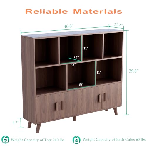 OSCHF Cubby Shelf Bookcase with Doors - Wooden 11 Cube Floor Standing Open Bookshelf with Solid Wood Legs, 3-Tier Storage Cabinet, Walnut - color: Walnut