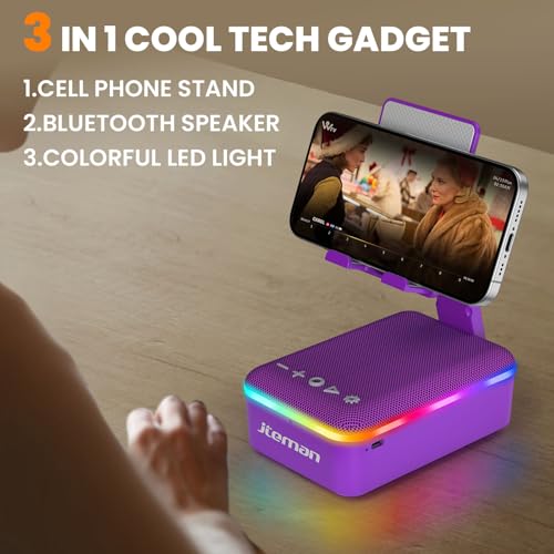 JTEMAN Gifts for Men Women,Cell Phone Stand with Bluetooth Speaker,LED Light,and Lanyard,Cool Tech Gadgets,Unique Birthday Gifts for Men Husband Mom Dad-Purple - color: Purple