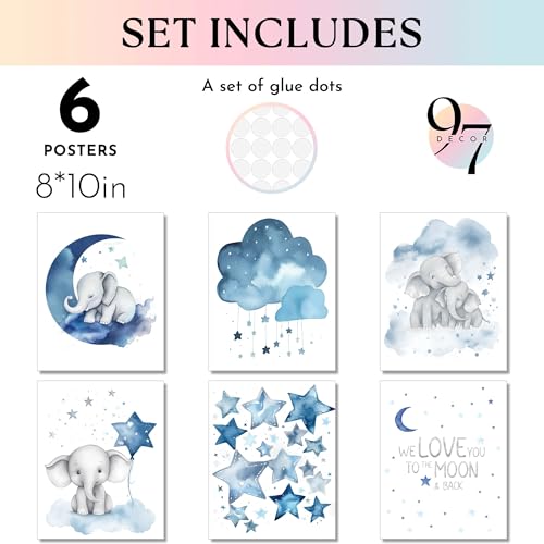97 Decor Baby Girl Elephant Nursery Decor - Baby Boy Room Decorations for Nursery Wall Decor, Blue Moon and Stars Nursery Art Prints, Cute Elephant Poster Animal Picture for Bedroom (8x10 UNFRAMED) - color: Elephant Nursery
