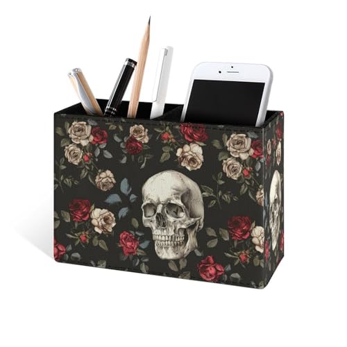 Famame Skull Red White Roses Pencil Holder for Desk, Leather Desktop Container Pen Cup Storage Study Table Pen Organizer Makeup Brush Holder for Classroom Office Home - color: Skull Red White Roses