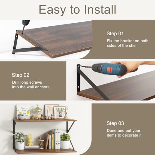Walnut Floating Shelves Set of 2 - 16"W x 12"D Wide Display Ledges for Bedroom, Bathroom - 12 Deep Bookshelf Wall Mounted - color: Walnut, size: 16"W x 12"D