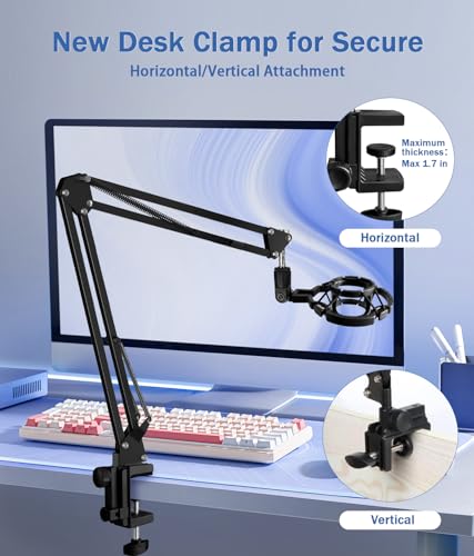 BILIONE Versatile Boom Arm Stand for Desk, Adjustable Microphone Stand Kit | With Pop Filter, Shock Mount, Microphone Clip, Cable Ties, Table clamp to allow for horizontal and vertical fixing - size: Boom Arm