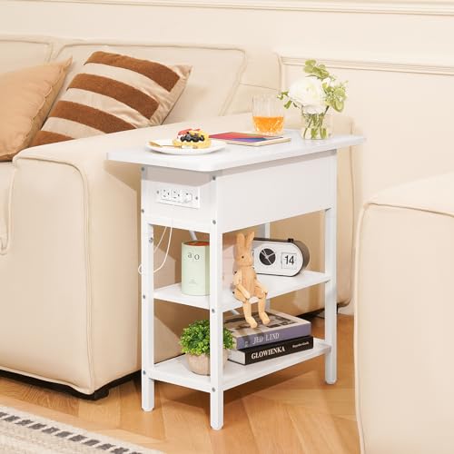 Yoobure End Table with Charging Station, Flip Top Side Table with USB Ports and Outlets, Sofa Couch Table Bedside Table for Living Room Bedroom, Narrow Nightstand with Storage Shelves for Small Spaces - color: White