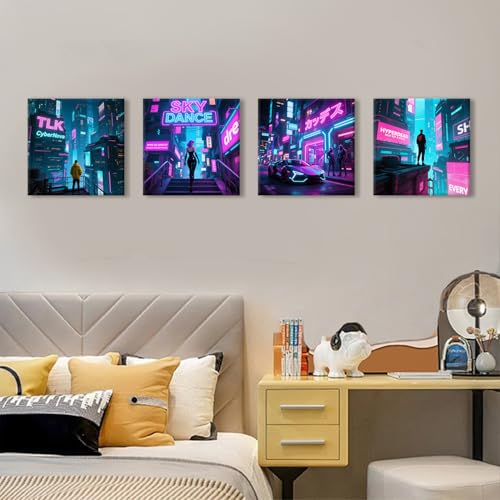 Japanese Anime Poster Cyberpunk Wall Art Tokyo Neon Night City Pictures Cool Boys Gaming Room Decor Abstract Futuristic Poster Modern City Painting Teens Bedroom Artwork Home Decoration 12x12" 4Pcs - color: Cyberpunk, size: 12 x 12 in