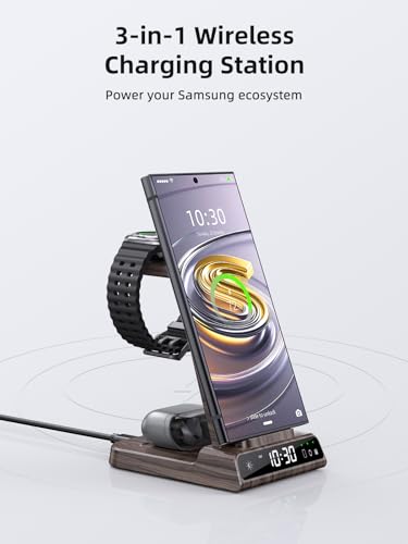 Wireless Charger for Samsung Charging Station: 3 in 1 Android Charging Stand with Dimmable Clock - Nightstand Organizer for Galaxy S25 Ultra, Galaxy Watch 8 7 6 5 4, Galaxy Buds (Not for iWatch) - color: Woodgrain