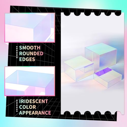 3Pcs Iridescent Risers Display Stands,Stackable Acrylic Cubes | Clear Display Box Nesting Rainbow Showcase for Collectibles Figures Jewelry Perfume Handbag Dessert, Neon Food Buffet Riser - color: Iridescent-3pcs