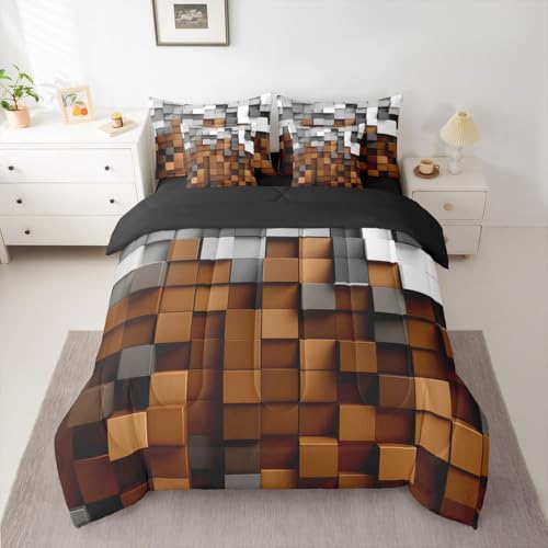 Pixelated Brown Gray 7 Piece Bedding Set Twin Size ,Geometric Check Video Games Bed in a Bag for Boys Girls ,Gamepad Grid Comforter Set with Sheets,Pillowcases & Cushion Cover Microfiber Room Decor - color: Brown Gray, size: Twin