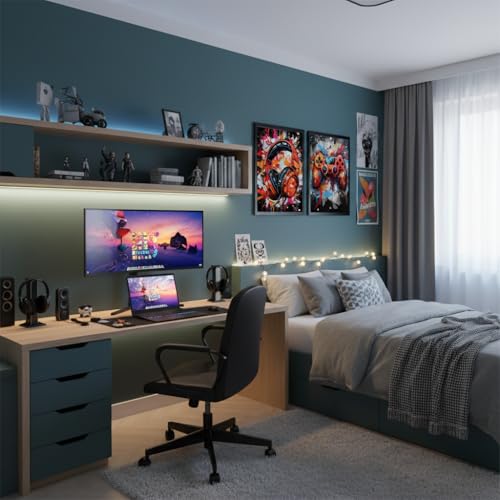 Gaming Wall Art Set of 2 Framed Canvas Prints, Gamer Room Decor with Gaming Headset & Video Game Controller, Modern Video Game Wall Decor for Teen Boys Bedroom Gaming Room Setup 12x16 Inch - color: youxi2lian, size: 16"L x 12"W