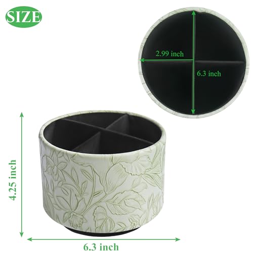Round Leather Art Supply Organizer,Remote Control Holder,360 Degree Spinning,Multi-Functional Pencil Holder,4 Compartments Desktop Stationary Organizer(1-Carved Green) - color: 1-Carved Green