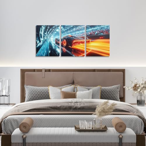 Boys Race Car Canvas Wall Art Set of 3,Neon Racing Cars Wall Art for Boys Kids Para Niños,Orange Blue Sports Gaming Decor for Teens,Cool Sci-Fi Extreme Sports Speed Car Poster Prints,12x16 - color: Orange Blue