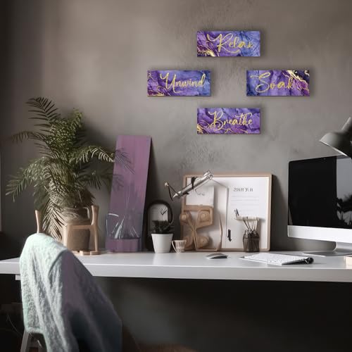 ONIZHITY 4 Pcs Purple and Gold Bathroom Decor Large Relax Soak Unwind Breathe Wooden Sign Rustic Marble Style Bathroom Accessories for Bedroom Living Room Wall Decor(Purple Gold 14X5.5 Inches) - color: Purple Gold, size: 14 X 5.5 Inch