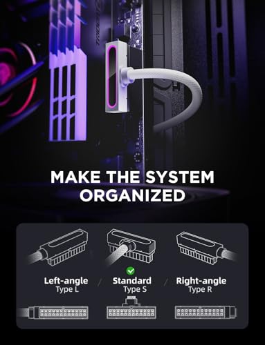 AsiaHorse Hydrus-24PIN PC PSU Extension, ATX 24PIN Motherboard Power Extension 90° Right Angle Design, 650W Power Supply, Perfect for PC Case Management & DIY Enthusiasts (White, 24Pin-ARGB) - color: White, size: For MB 24pin-TYPE S(11.8in/30cm)