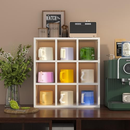 Helsin 9 Grid Vintage Coffee Mug Display Rack, 16inch Wall Mounted Wooden Curio Shadow Box Shelf, Cup Floating Shelves Display and Organizer (White) - color: White