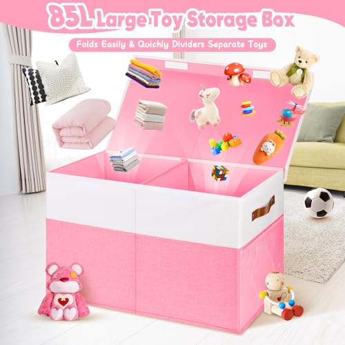 Mabahoo Large Toy Box, Collapsible Sturdy Storage Organize Chest Boxes With Lids, 25"x13"x16" Kids Toy Chest Bin Baskets for Living Room, Bedroom, Nursery, White & Pink - color: White and Pink