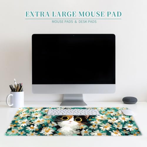 Large Mouse Pad, Big Gaming Mousepad, Desk Mat for Desktop, Thick Non-Slip Waterproof Rubber Base, Mouse Pads for Office, Computer, Keyboard, Laptop 31.5x11.8 in, Daisies Floral Cat - color: Daisies Floral Cat, size: 31.5" x 11.8"